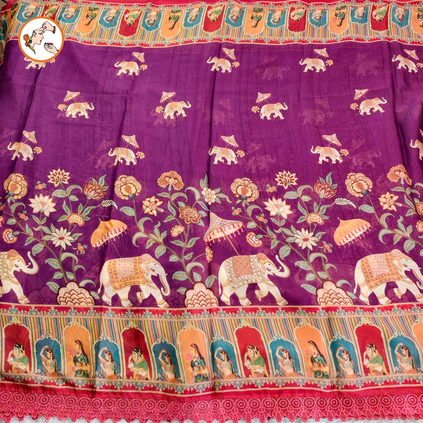 Purple Rajput painting motif Georgette Saree with lace border