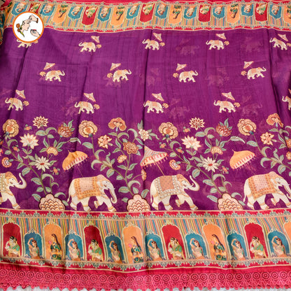 Purple Rajput painting motif Georgette Saree with lace border