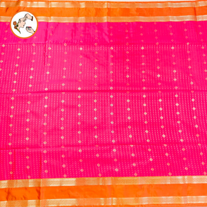 Rani Pink with Orange Raindrop design Retta Petta border Semi Soft Silk Saree