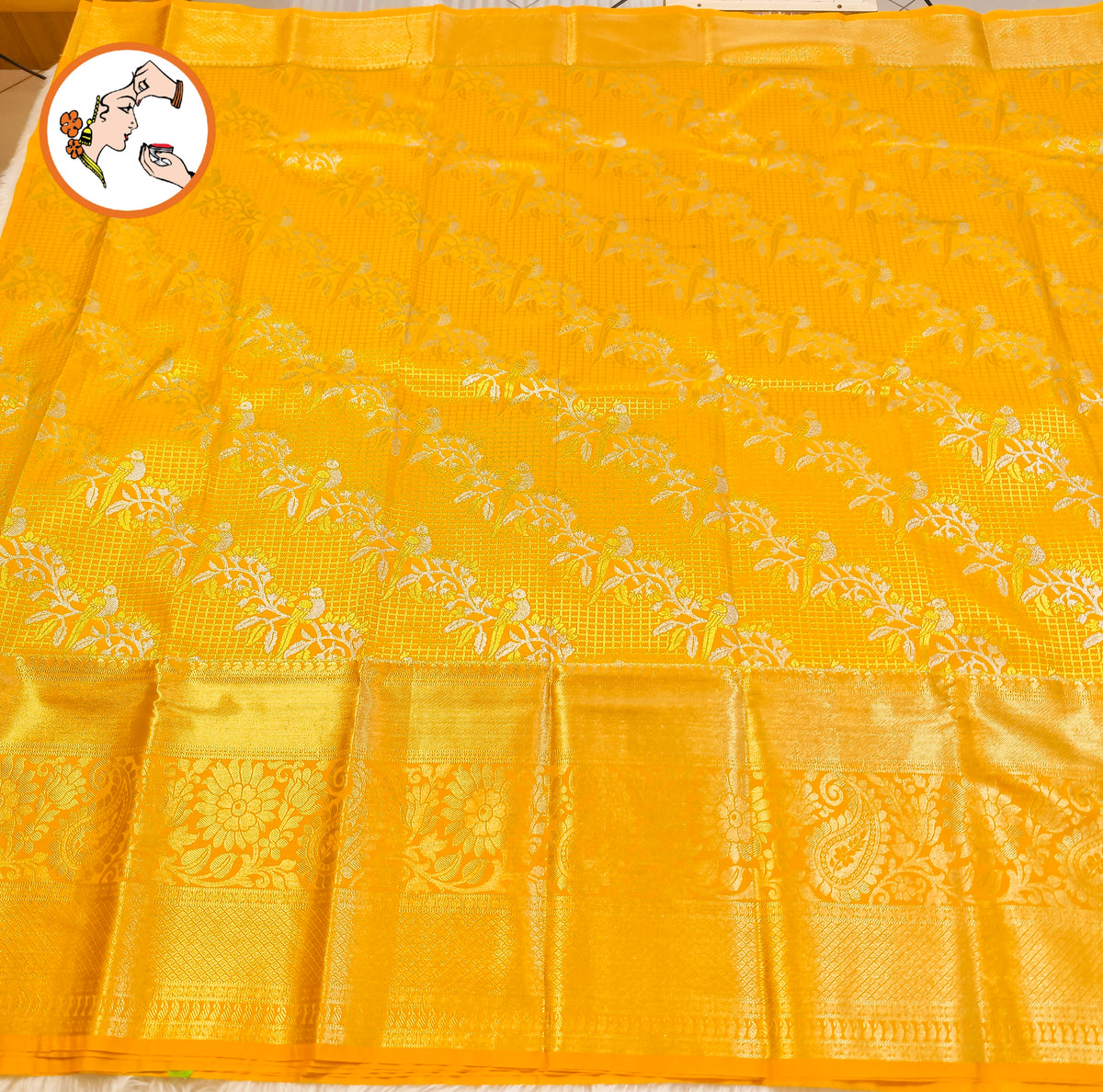 Golden Yellow Podi Kattam Parrot butta Kanchipuram Mix Silk Saree