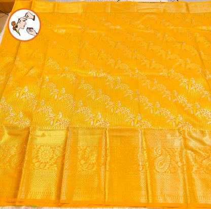 Golden Yellow Podi Kattam Parrot butta Kanchipuram Mix Silk Saree