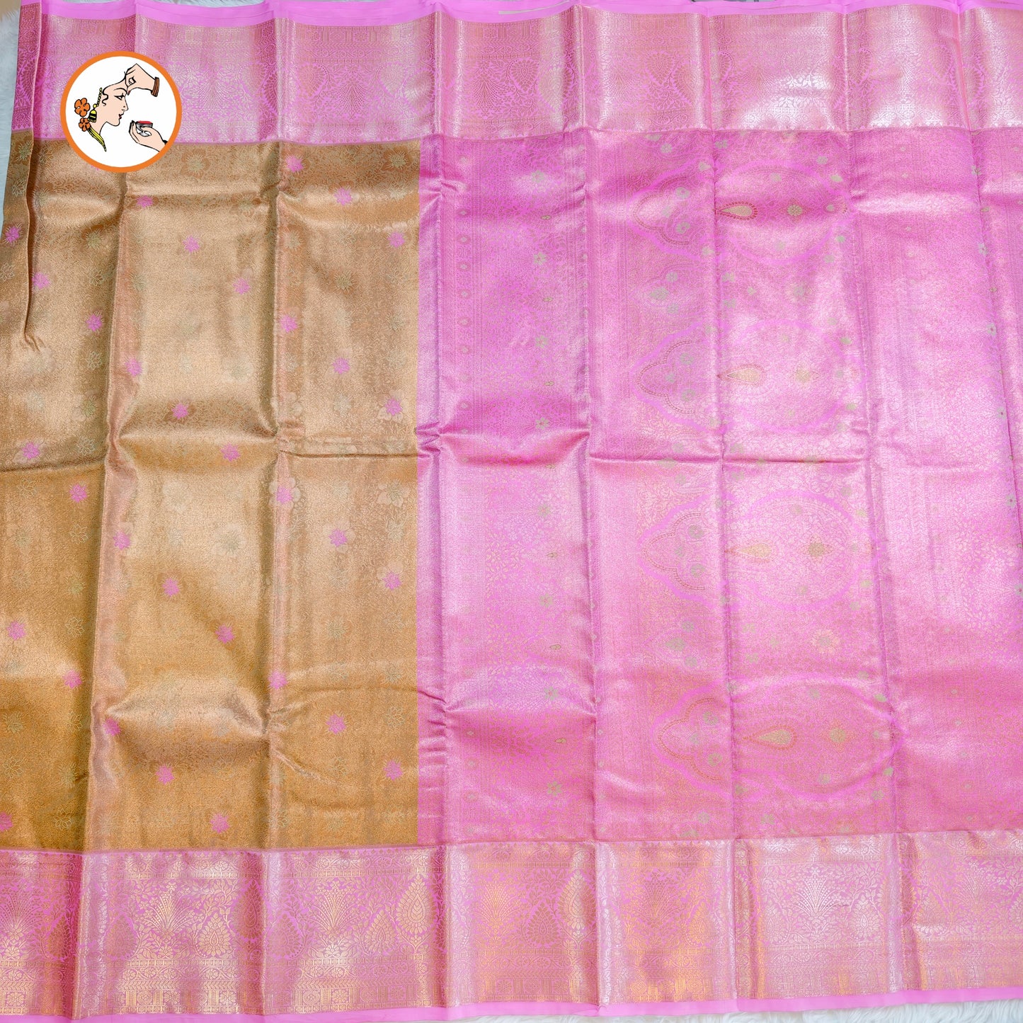 Golden Tissue Kanchipuram Silk Saree with contrast Pink border