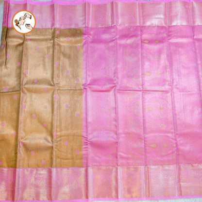 Golden Tissue Kanchipuram Silk Saree with contrast Pink border