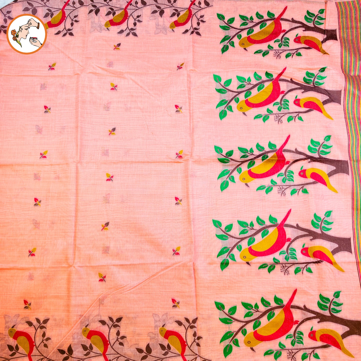 Peach sparrow theme Cotton Casual Saree