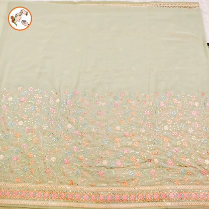 Pastel Green Multicolour Embroidery Mirrorwork Partywear Georgette Saree