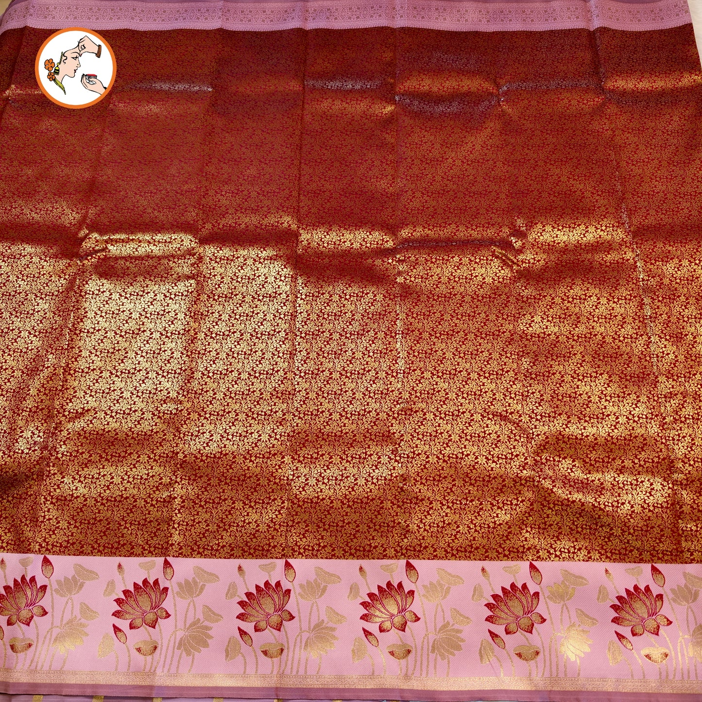 Maroon with Pink Lotus border Fancy Semi Silk Saree