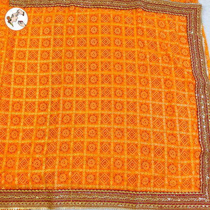 Mango Yellow Bandhani Georgette Partywear Saree with lace border