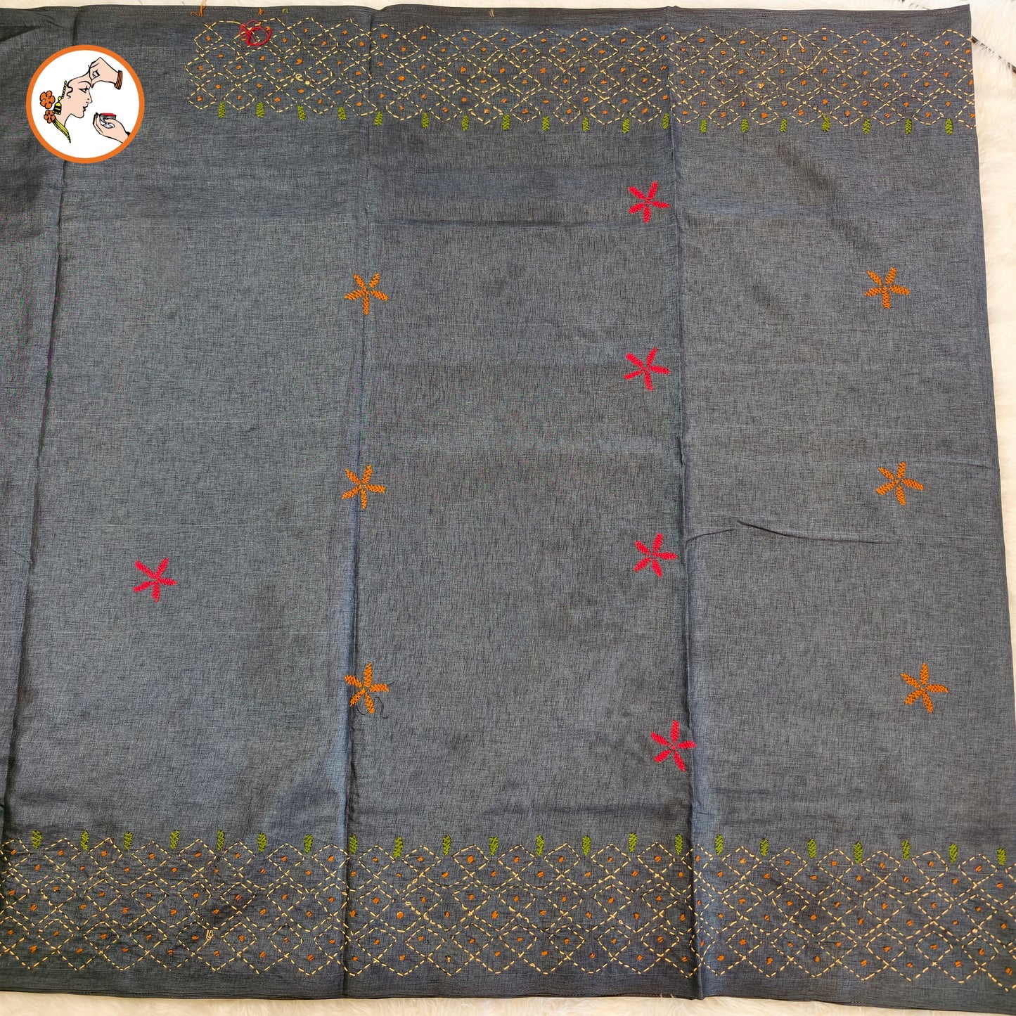Grey colour Kantha Embroidary Tussar Silk Saree