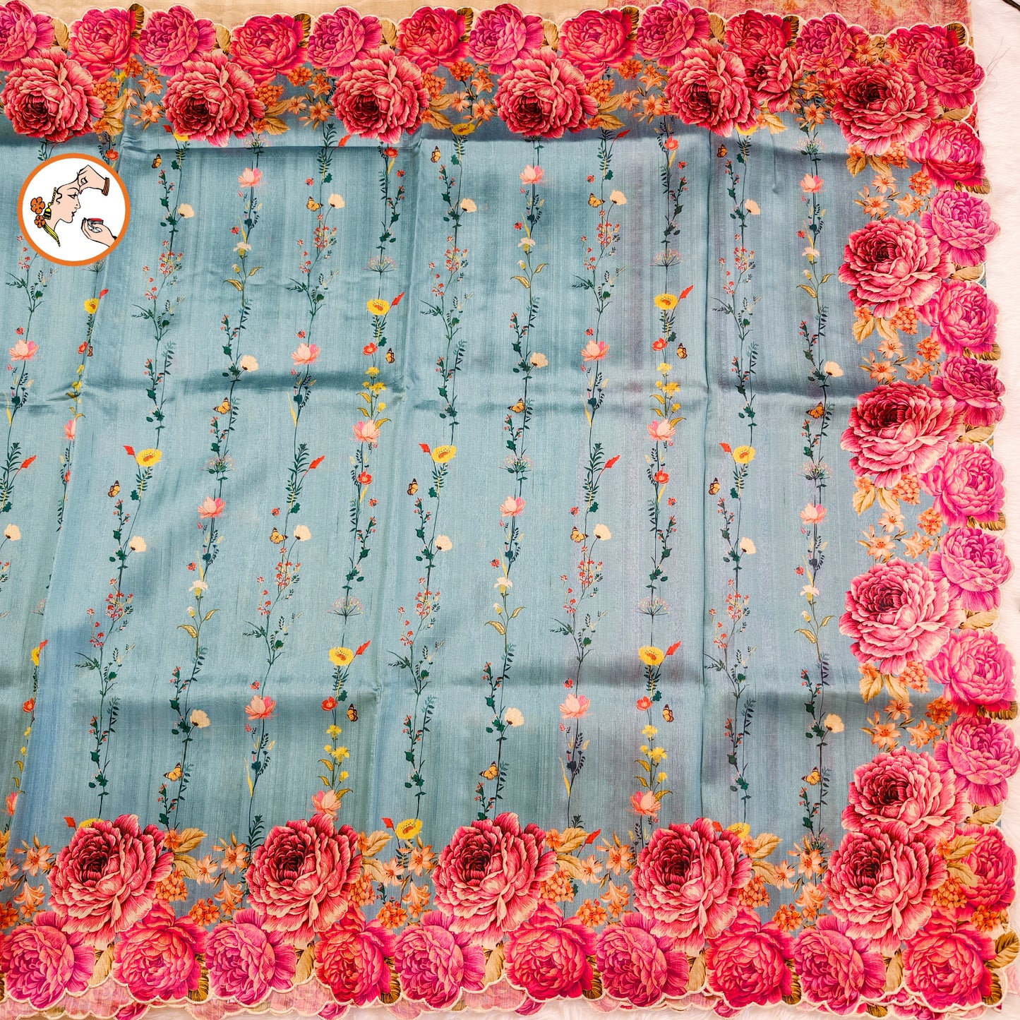 Sky Blue colour Floral Theme Raw Silk Designer Saree with cutwork border