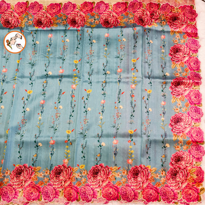 Sky Blue colour Floral Theme Raw Silk Designer Saree with cutwork border