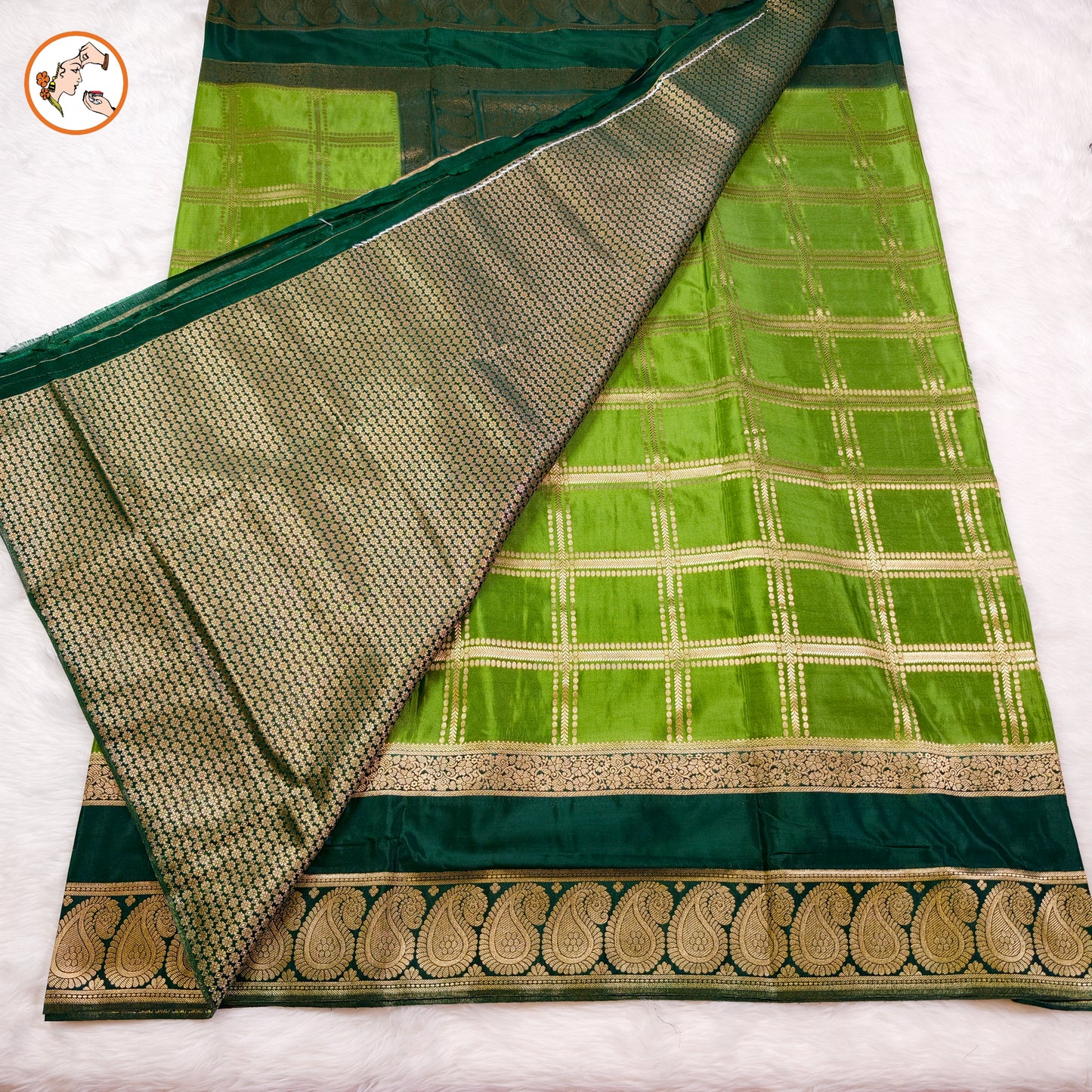 Parrot Green & Dark Green Royal Mango border Mysore Silk Saree
