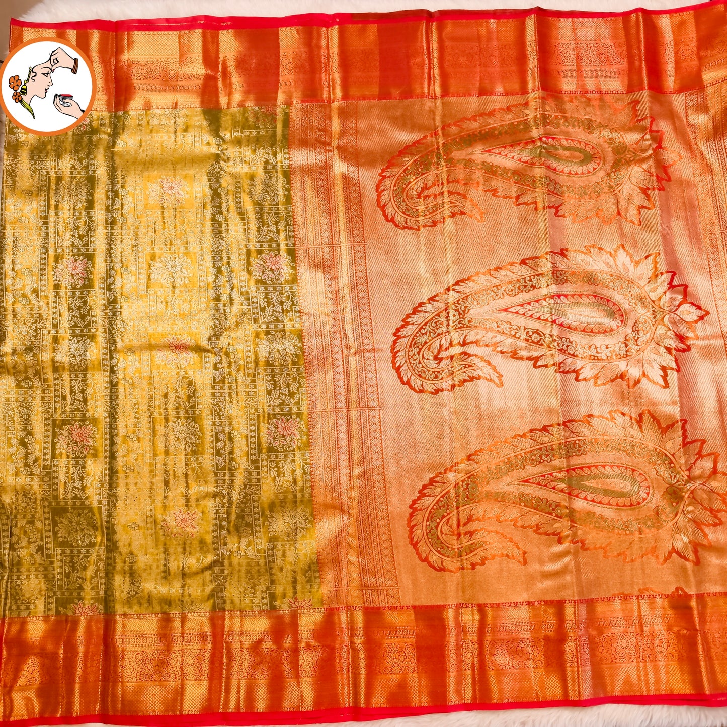Mehendi Green with Red border High Tissue Kanchipuram Semi Silk Saree
