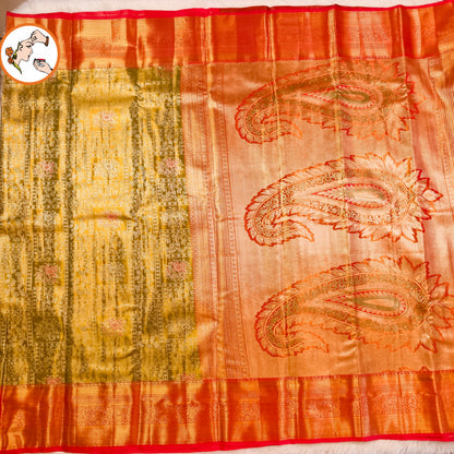 Mehendi Green with Red border High Tissue Kanchipuram Semi Silk Saree
