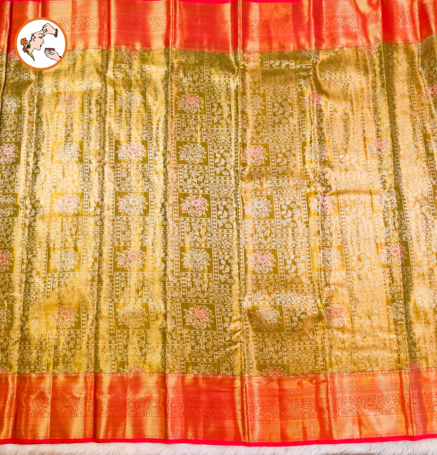 Mehendi Green with Red border High Tissue Kanchipuram Semi Silk Saree