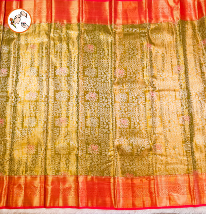 Mehendi Green with Red border High Tissue Kanchipuram Semi Silk Saree