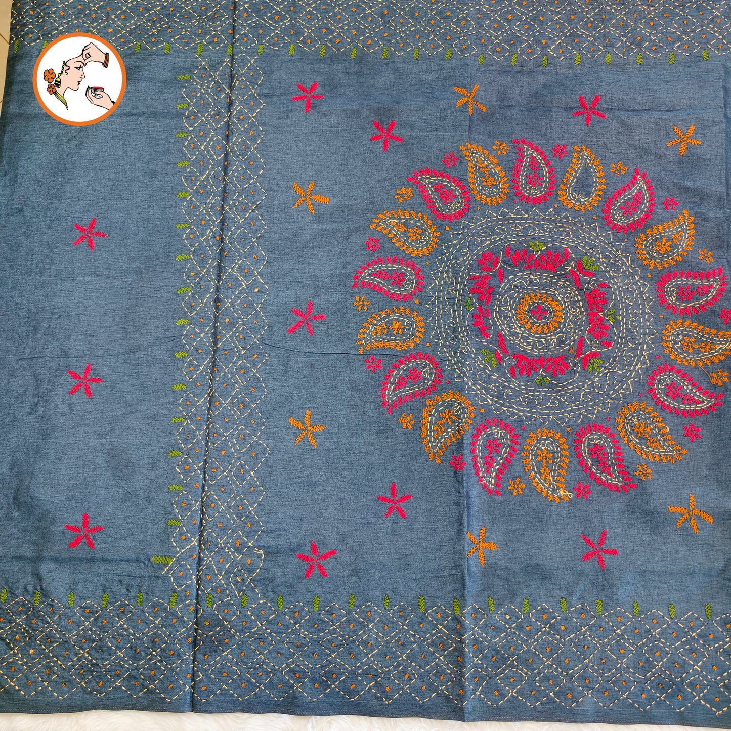 Grey colour Kantha Embroidary Tussar Silk Saree