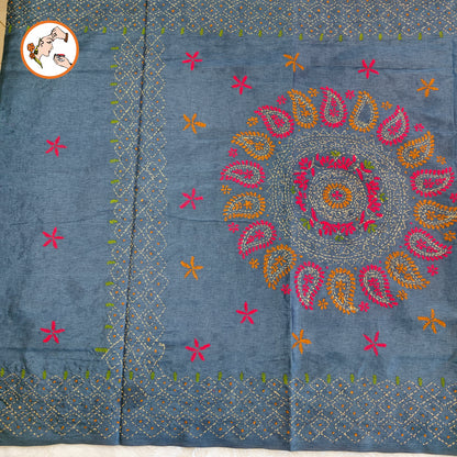 Grey colour Kantha Embroidary Tussar Silk Saree