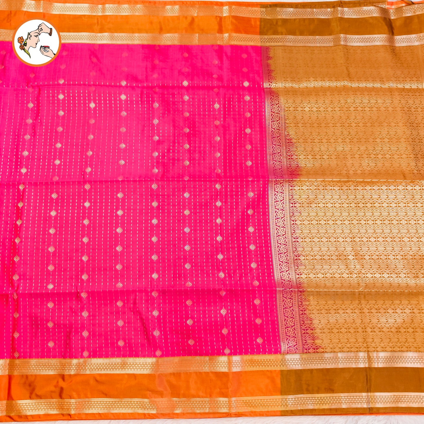 Rani Pink with Orange Raindrop design Retta Petta border Semi Soft Silk Saree