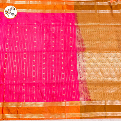 Rani Pink with Orange Raindrop design Retta Petta border Semi Soft Silk Saree