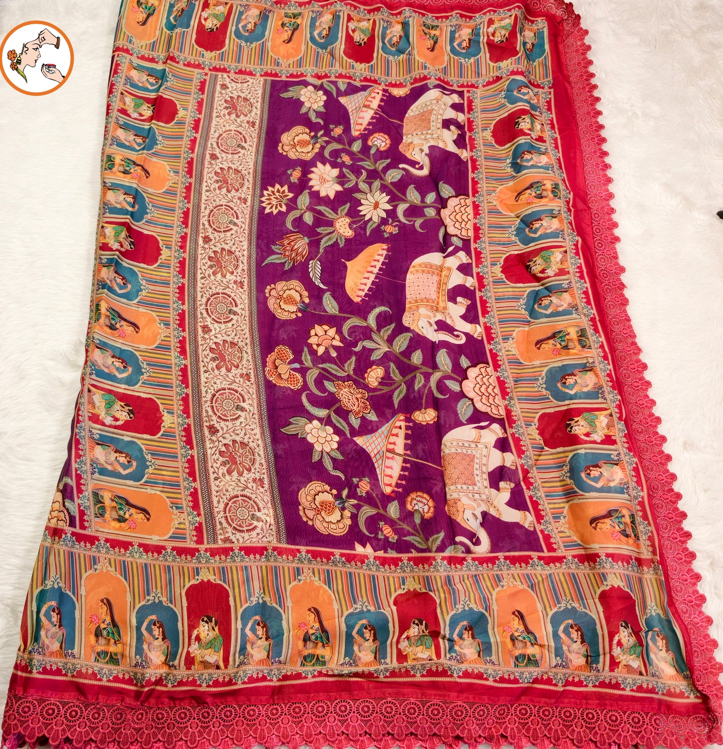 Purple Rajput painting motif Georgette Saree with lace border