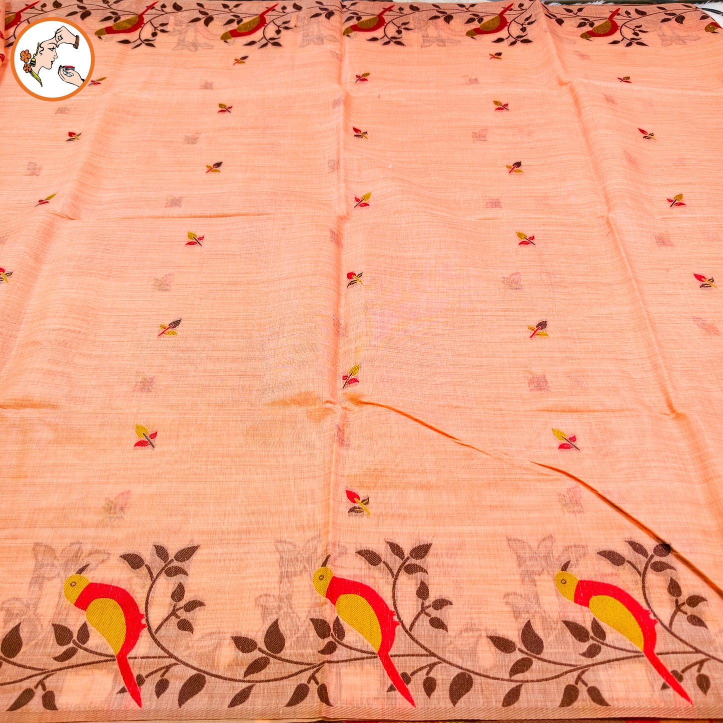Peach sparrow theme Cotton Casual Saree