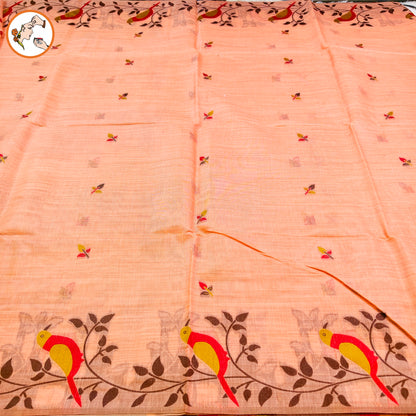 Peach sparrow theme Cotton Casual Saree