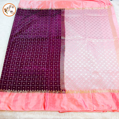 Maroon Traditional checks Fancy Silk Saree with Peachy Pink Satin border