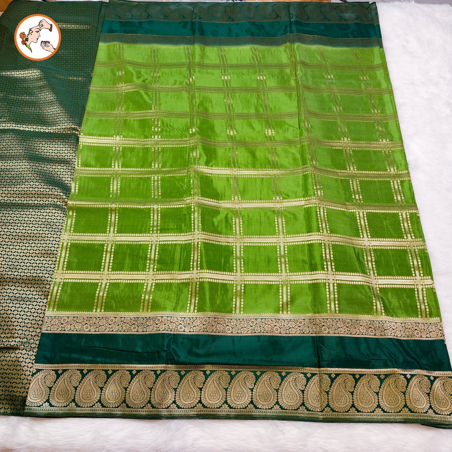 Parrot Green & Dark Green Royal Mango border Mysore Silk Saree