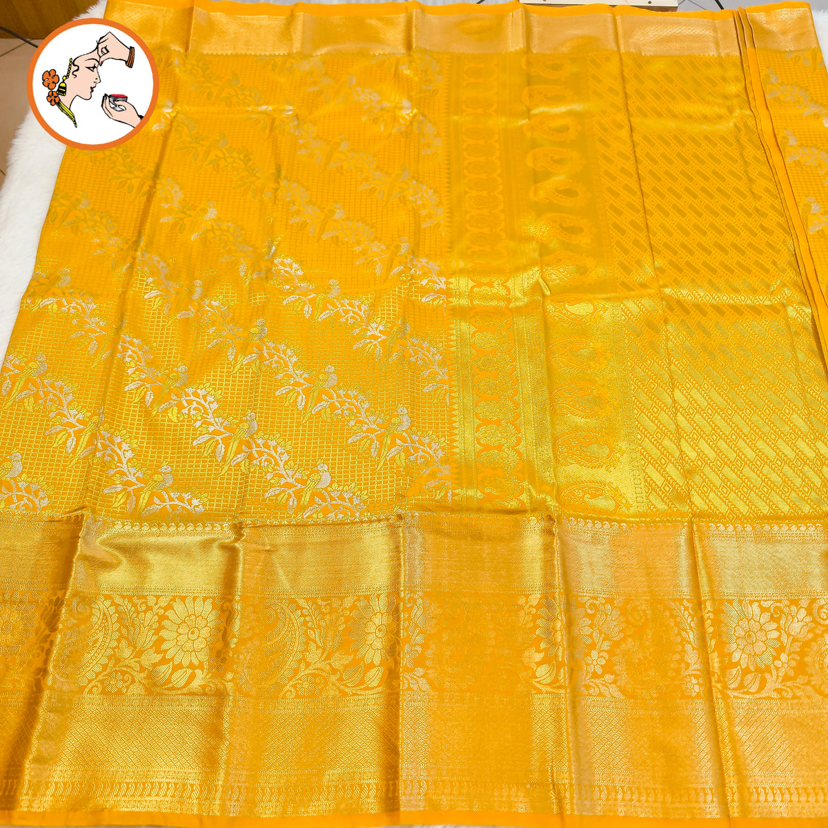 Golden Yellow Podi Kattam Parrot butta Kanchipuram Mix Silk Saree