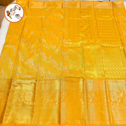 Golden Yellow Podi Kattam Parrot butta Kanchipuram Mix Silk Saree
