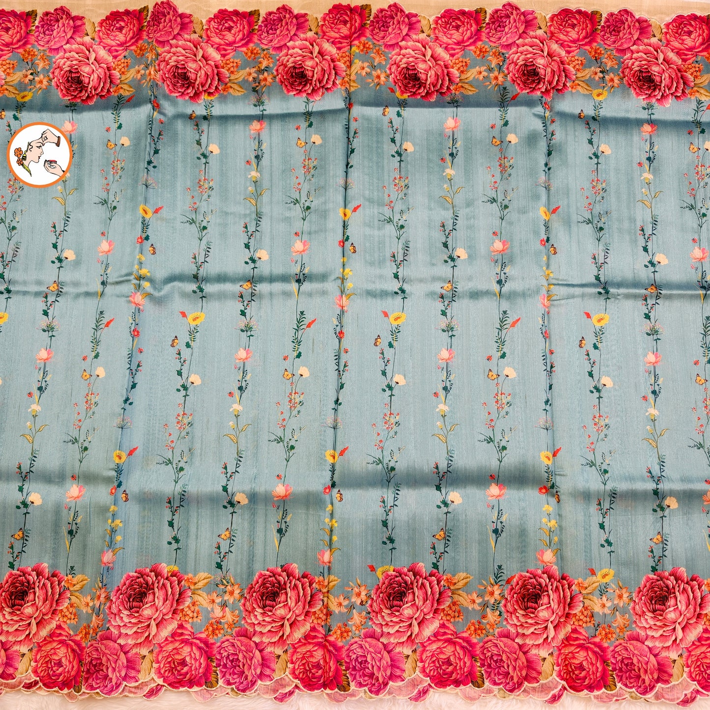 Sky Blue colour Floral Theme Raw Silk Designer Saree with cutwork border