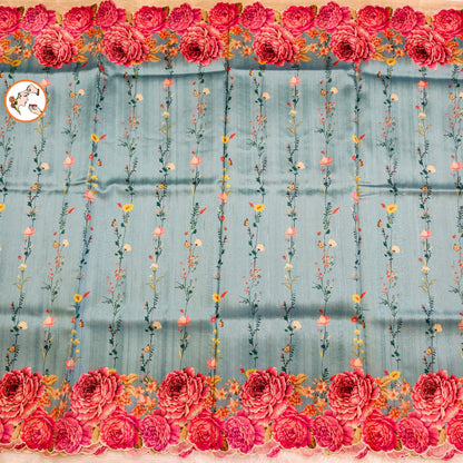Sky Blue colour Floral Theme Raw Silk Designer Saree with cutwork border