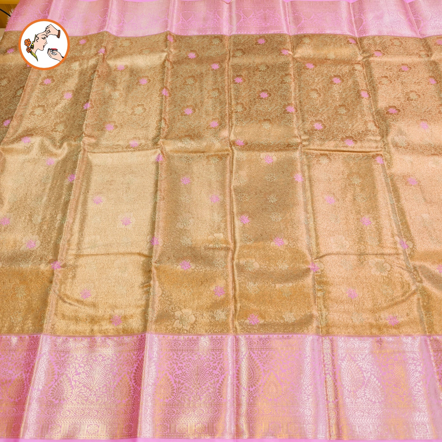 Golden Tissue Kanchipuram Silk Saree with contrast Pink border