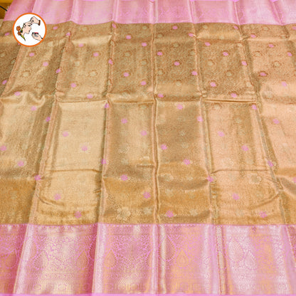 Golden Tissue Kanchipuram Silk Saree with contrast Pink border