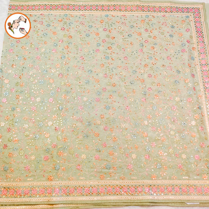 Pastel Green Multicolour Embroidery Mirrorwork Partywear Georgette Saree