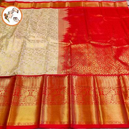 Off white with Red border Golden zari work Traditional Kanchipuram Mix Silk Saree