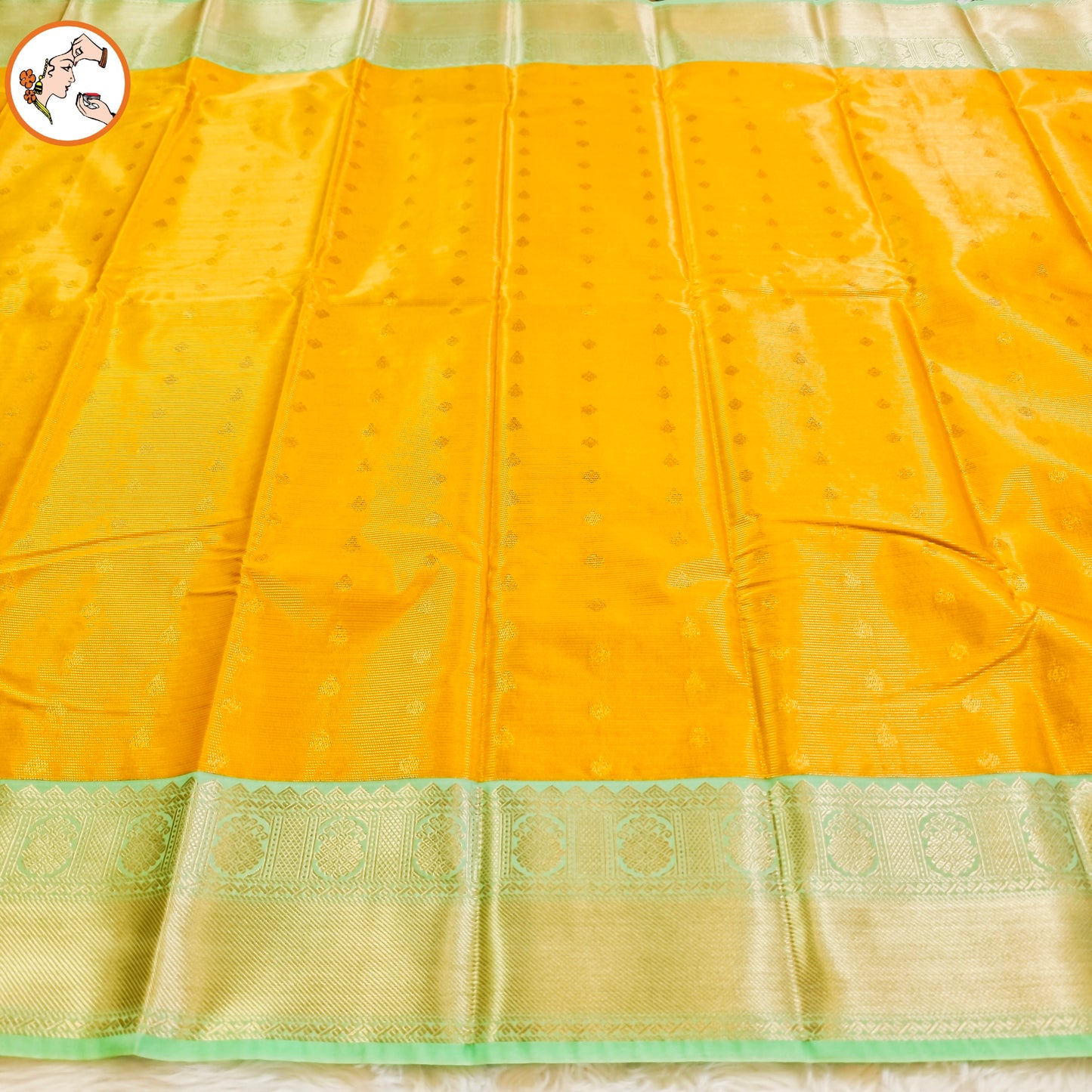 Yellow with Sea Green border Vairoosi stripes Kanchipuram Semi Silk Saree