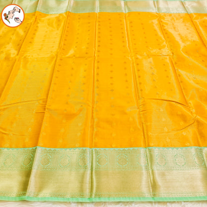Yellow with Sea Green border Vairoosi stripes Kanchipuram Semi Silk Saree