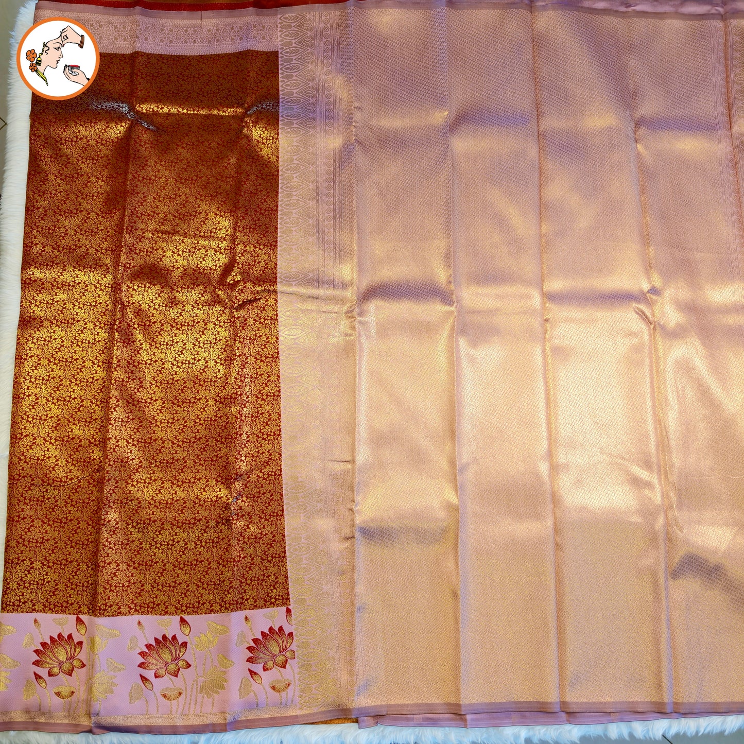 Maroon with Pink Lotus border Fancy Semi Silk Saree
