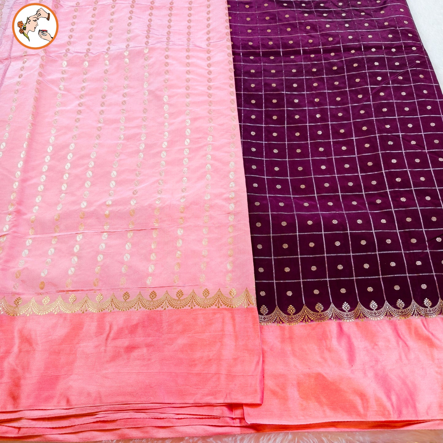 Maroon Traditional checks Fancy Silk Saree with Peachy Pink Satin border