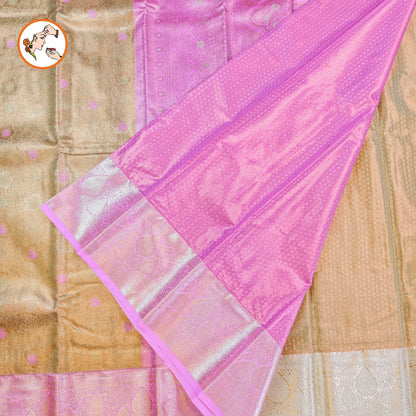 Golden Tissue Kanchipuram Silk Saree with contrast Pink border