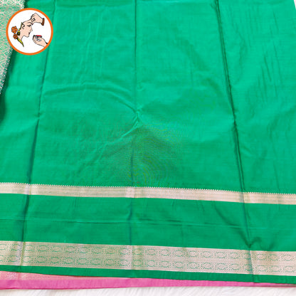 Dusty Rose Mauve/Onion Pink with contrast Peacock Green with vertical silver zari stripes Kanchipuram MIx Silk Saree