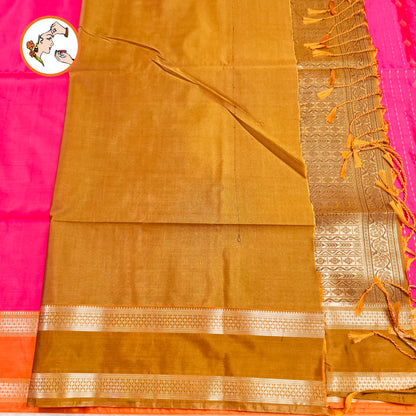 Rani Pink with Orange Raindrop design Retta Petta border Semi Soft Silk Saree