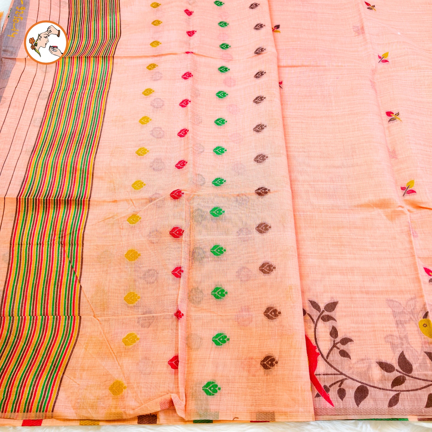 Peach sparrow theme Cotton Casual Saree