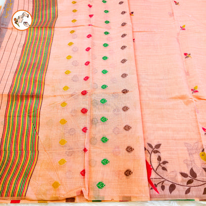 Peach sparrow theme Cotton Casual Saree