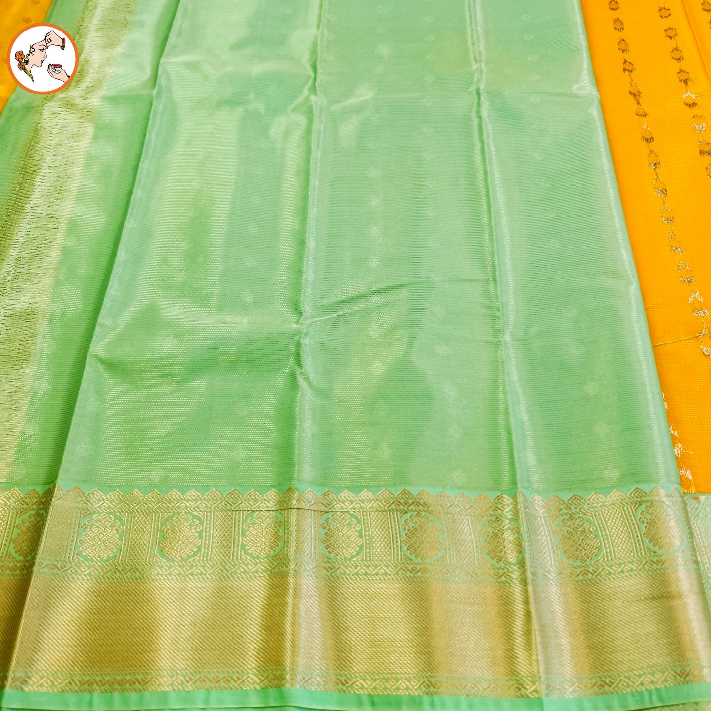 Yellow with Sea Green border Vairoosi stripes Kanchipuram Semi Silk Saree