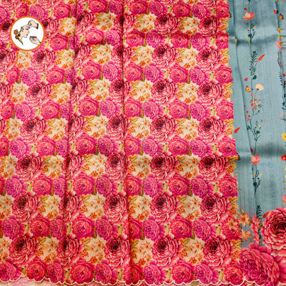 Sky Blue colour Floral Theme Raw Silk Designer Saree with cutwork border