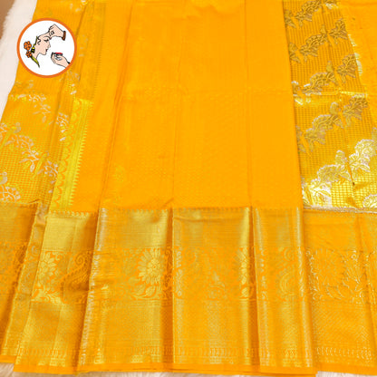 Golden Yellow Podi Kattam Parrot butta Kanchipuram Mix Silk Saree