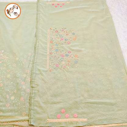 Pastel Green Multicolour Embroidery Mirrorwork Partywear Georgette Saree