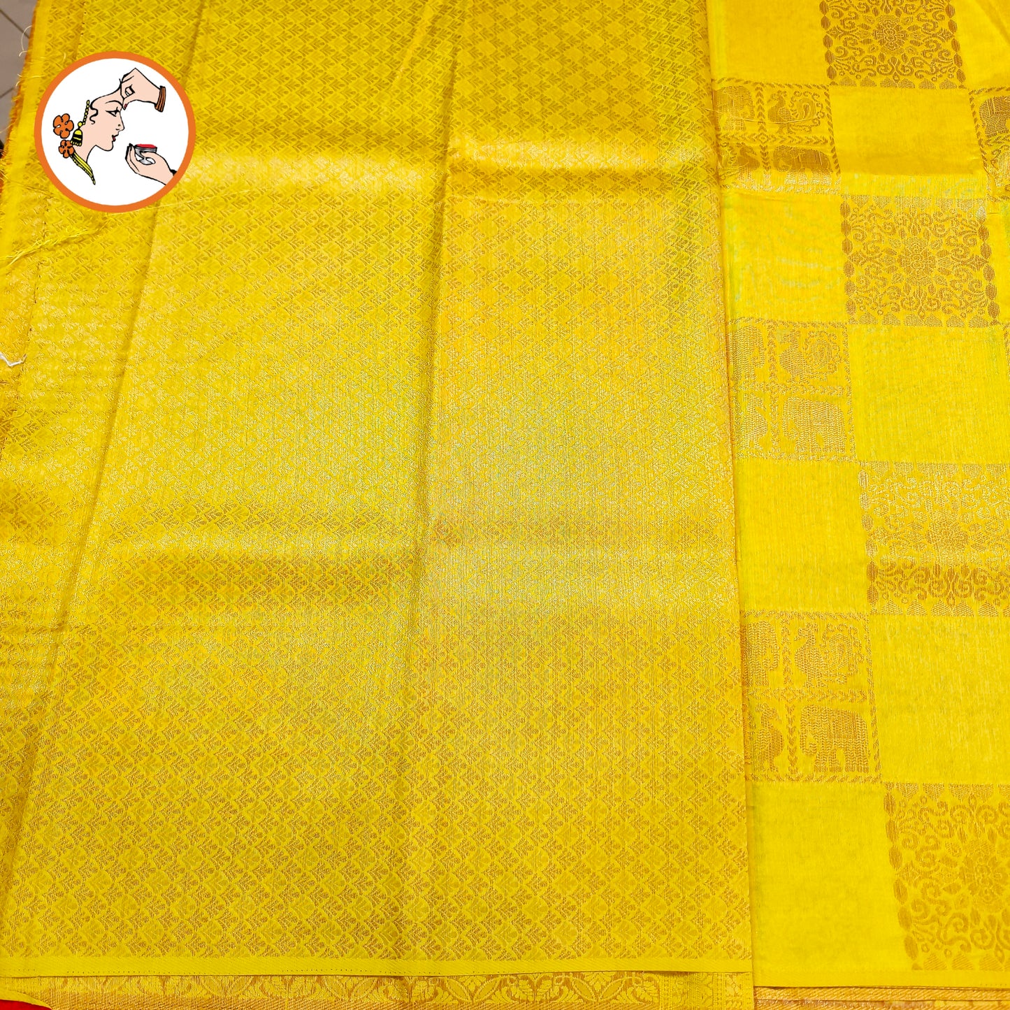 Lime Green checkered Elephant & peacock butta Borderless Tussar Silk Saree